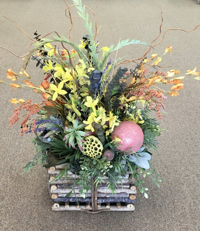 Faux Fall Foliage w/Sq Twig Basket ACC