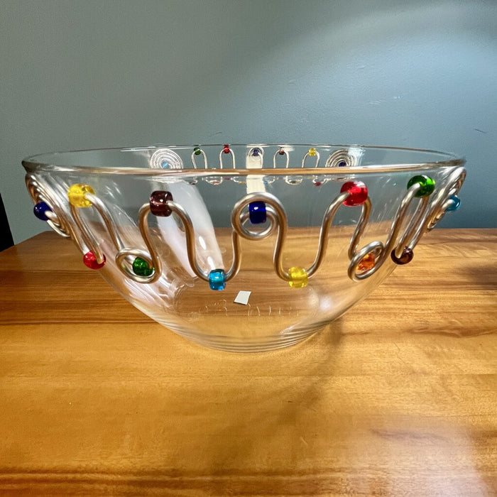 Glass Serving Bowl w/ Coiled Wire Ribbon & Beads