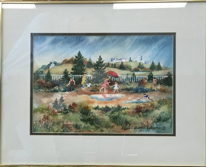 Original Watercolor Kids Playing in Puddle