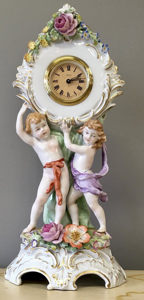 Porcelain Clock w/Cherubs Flowers