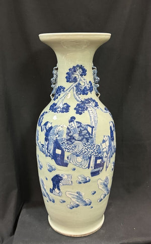 Lg Asian Celadon Glazed Vase in Relief